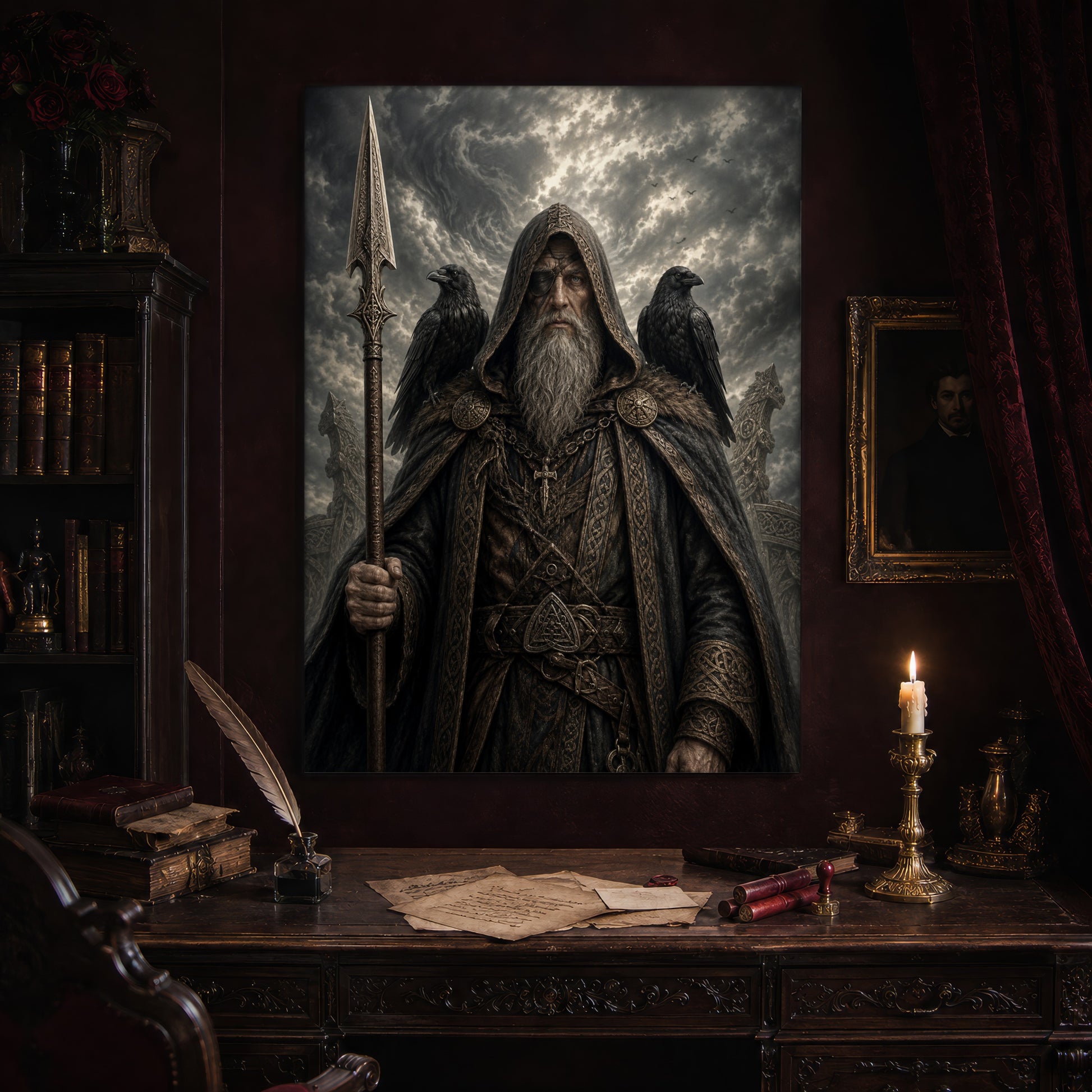 Gungnir print hanging above an antique carved writing desk set with a quill in an inkwell, aged letters, red wax seals and a lit brass candlestick, beside a dark bookcase and a gilt-framed Victorian portrait.