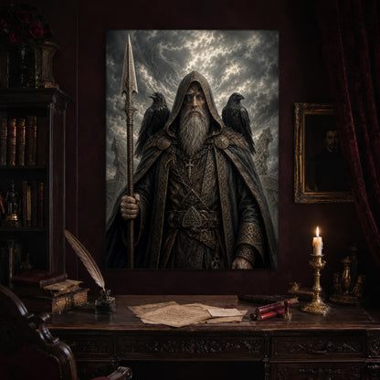 Gungnir print hanging above an antique carved writing desk set with a quill in an inkwell, aged letters, red wax seals and a lit brass candlestick, beside a dark bookcase and a gilt-framed Victorian portrait.