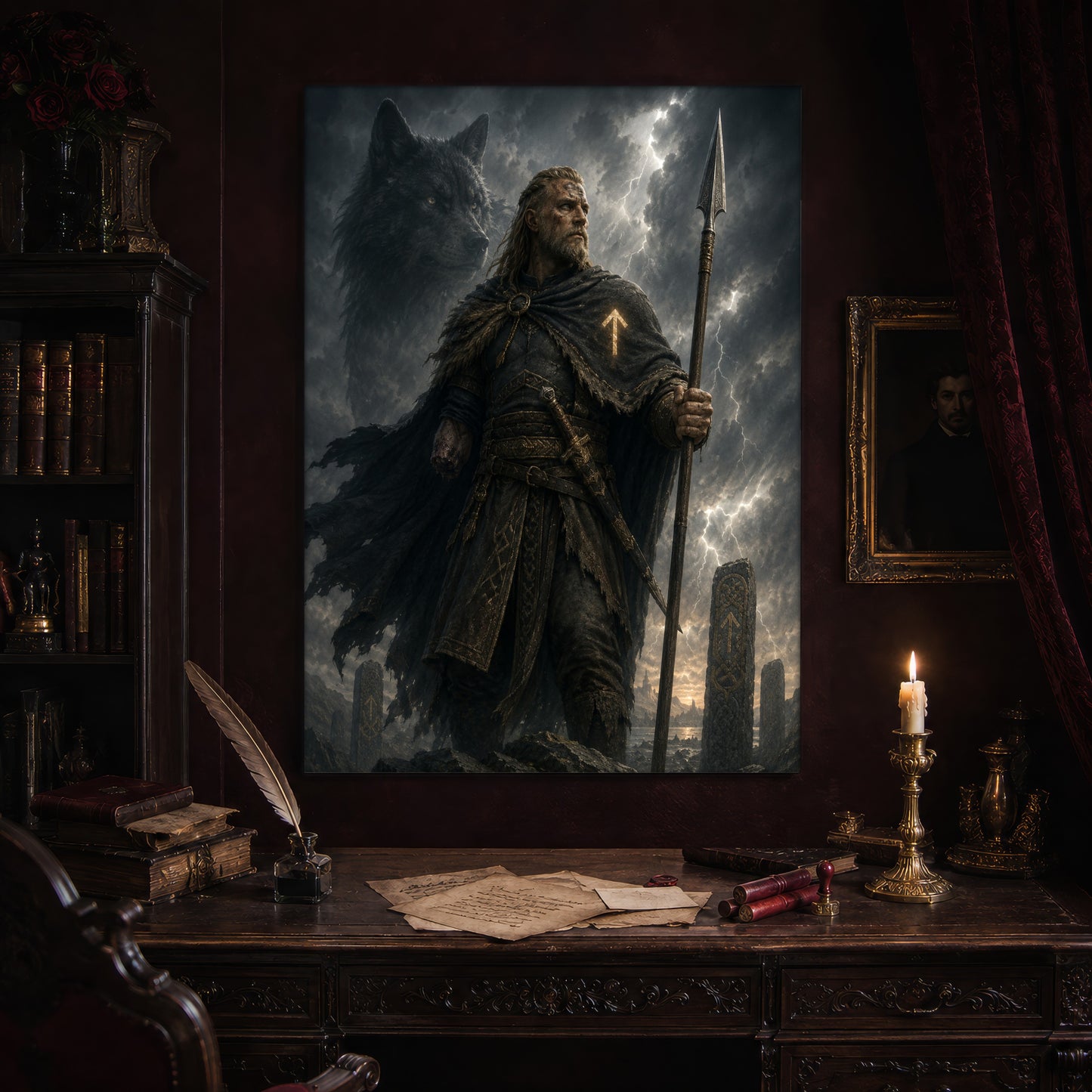 Tyr print hanging above an antique carved writing desk set with a quill in an inkwell, aged letters, red wax seals and a lit brass candlestick, beside a dark bookcase and a gilt-framed Victorian portrait.