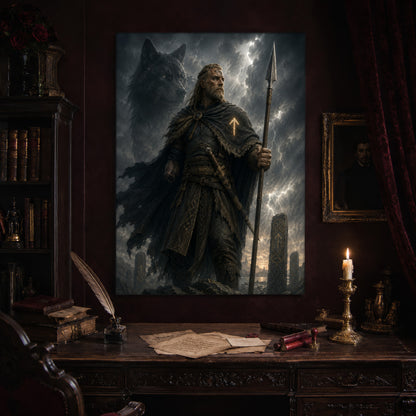 Tyr print hanging above an antique carved writing desk set with a quill in an inkwell, aged letters, red wax seals and a lit brass candlestick, beside a dark bookcase and a gilt-framed Victorian portrait.