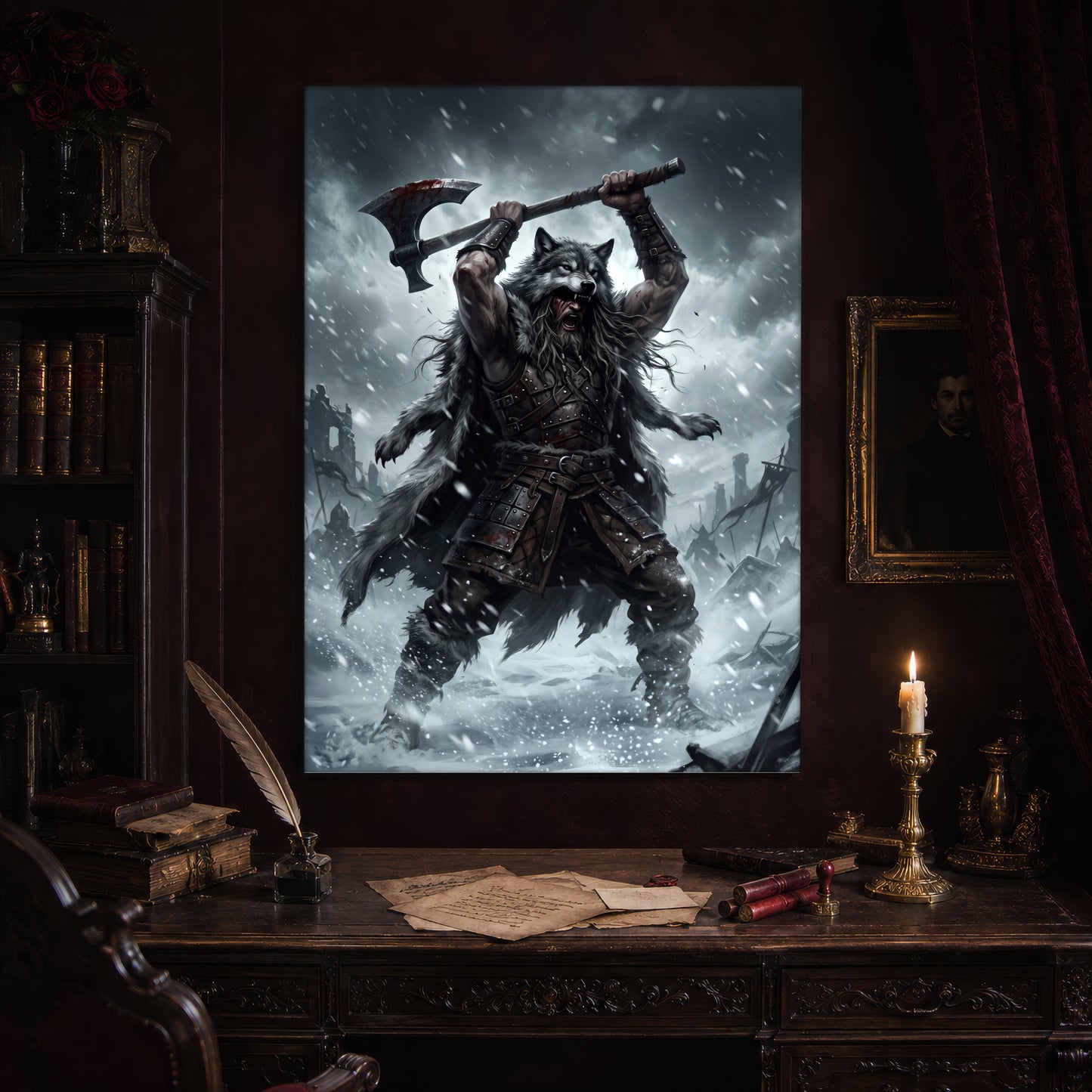 Berserker Rage print hanging above an antique carved writing desk set with a quill in an inkwell, aged letters, red wax seals and a lit brass candlestick, beside a dark bookcase and a gilt-framed Victorian portrait.