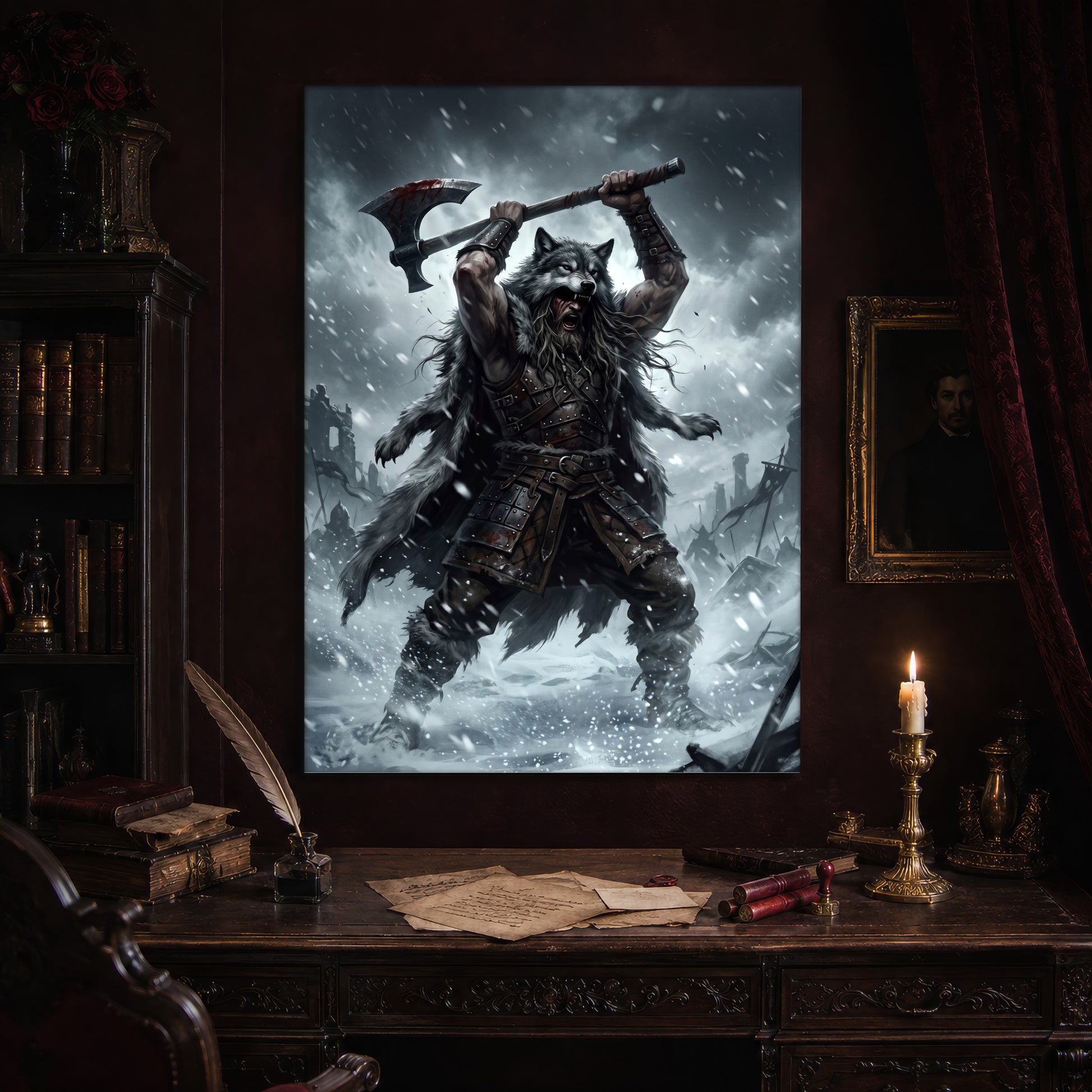 Berserker Rage print hanging above an antique carved writing desk set with a quill in an inkwell, aged letters, red wax seals and a lit brass candlestick, beside a dark bookcase and a gilt-framed Victorian portrait.