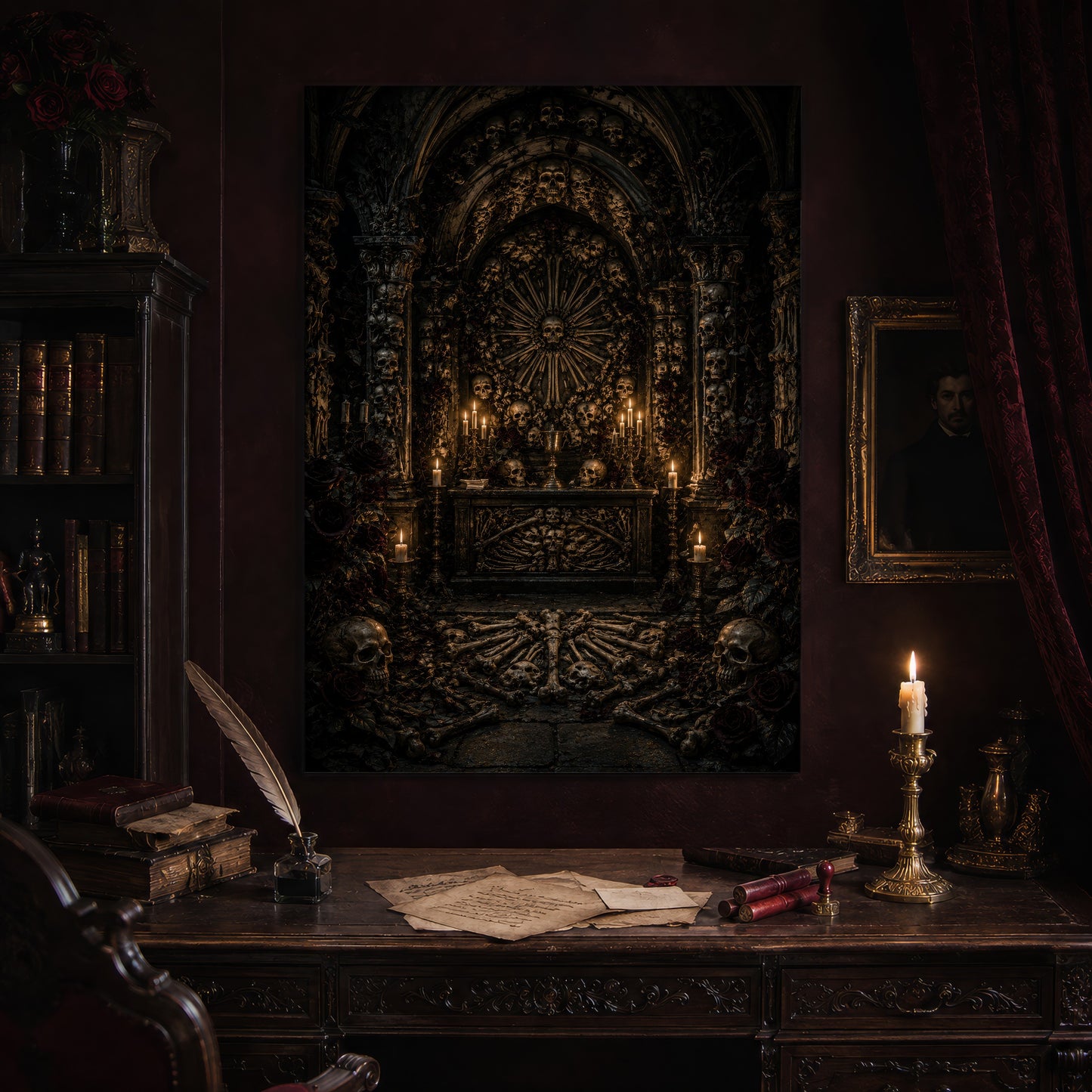 Charnel print hanging above an antique carved writing desk set with a quill in an inkwell, aged letters, red wax seals and a lit brass candlestick, beside a dark bookcase and a gilt-framed Victorian portrait.