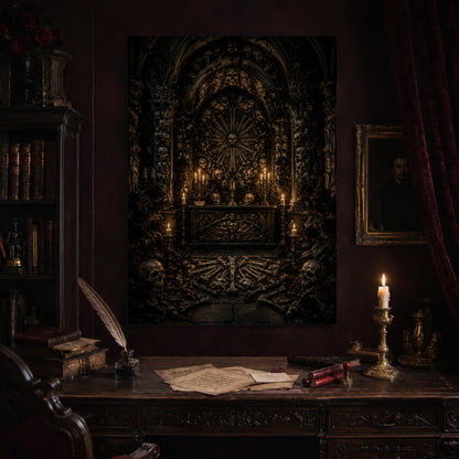 Charnel print hanging above an antique carved writing desk set with a quill in an inkwell, aged letters, red wax seals and a lit brass candlestick, beside a dark bookcase and a gilt-framed Victorian portrait.