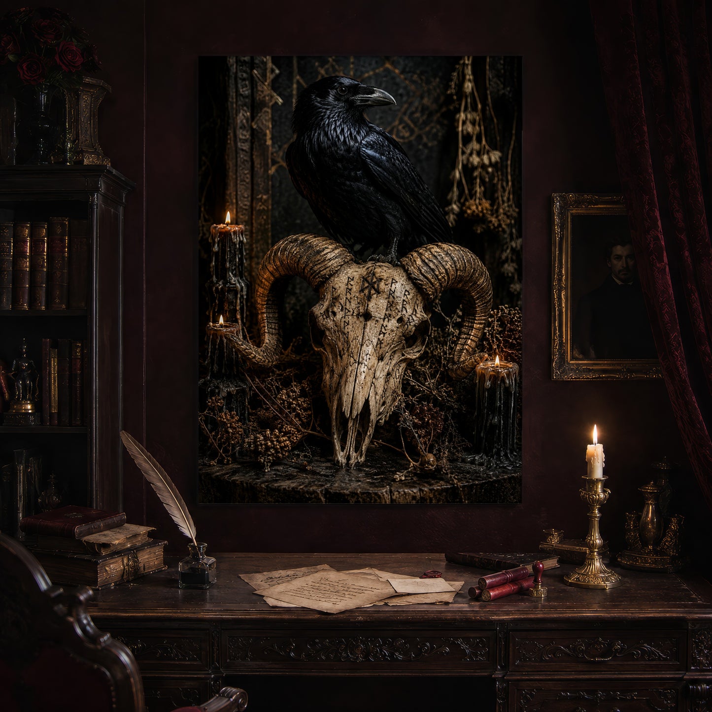 Valravn print hanging above an antique carved writing desk set with a quill in an inkwell, aged letters, red wax seals and a lit brass candlestick, beside a dark bookcase and a gilt-framed Victorian portrait.