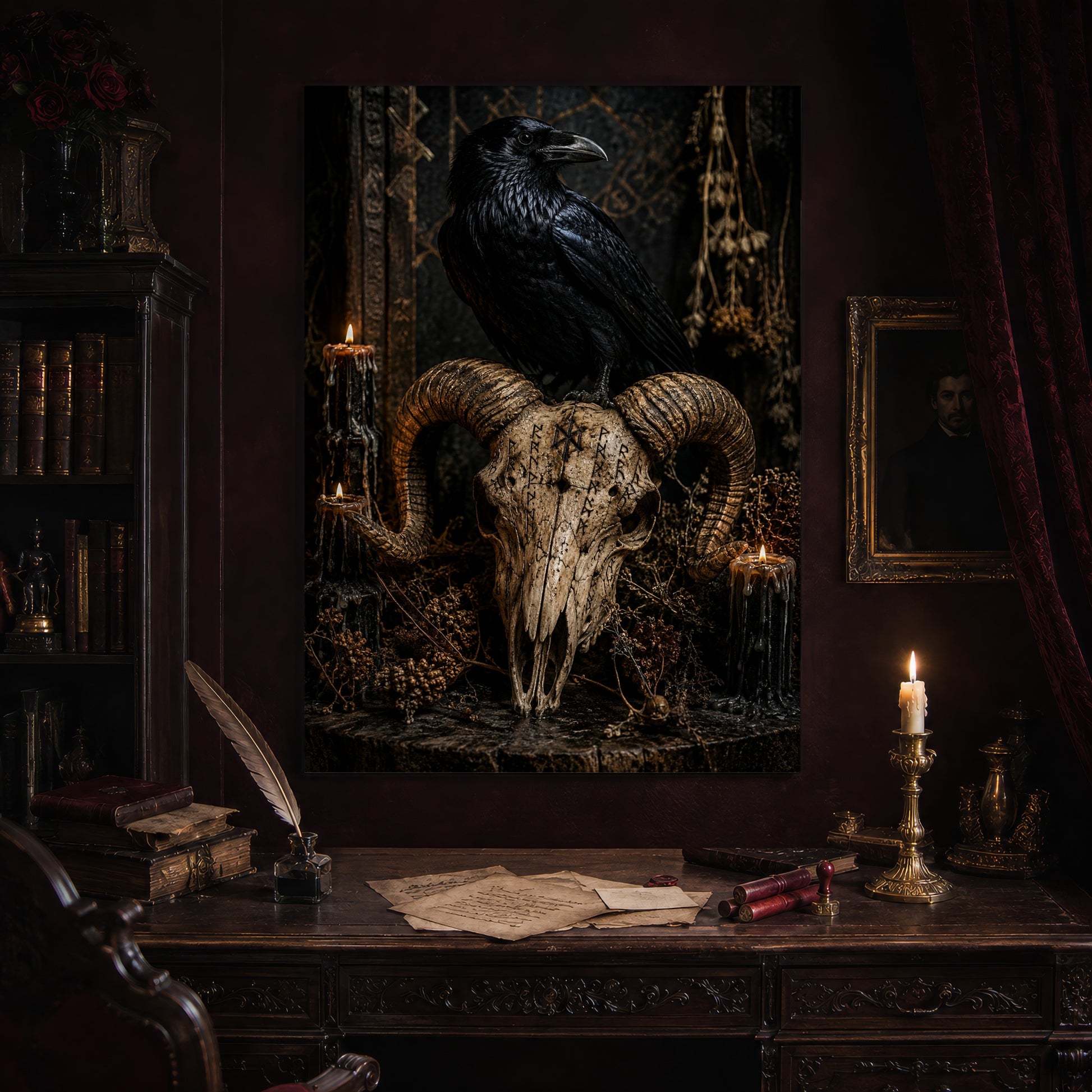 Valravn print hanging above an antique carved writing desk set with a quill in an inkwell, aged letters, red wax seals and a lit brass candlestick, beside a dark bookcase and a gilt-framed Victorian portrait.