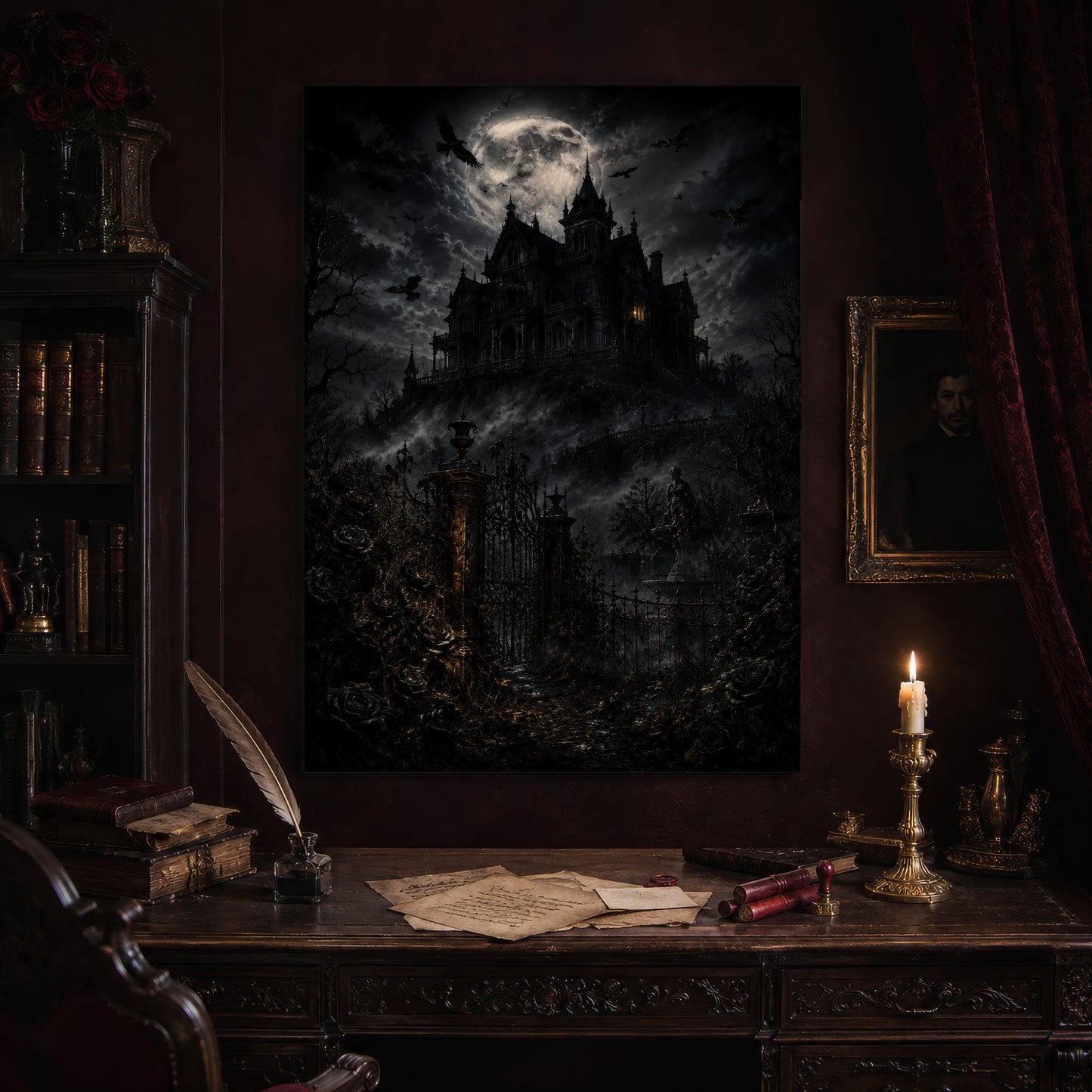 Ravensward print hanging above an antique carved writing desk set with a quill in an inkwell, aged letters, red wax seals and a lit brass candlestick, beside a dark bookcase and a gilt-framed Victorian portrait.