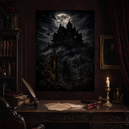 Ravensward print hanging above an antique carved writing desk set with a quill in an inkwell, aged letters, red wax seals and a lit brass candlestick, beside a dark bookcase and a gilt-framed Victorian portrait.
