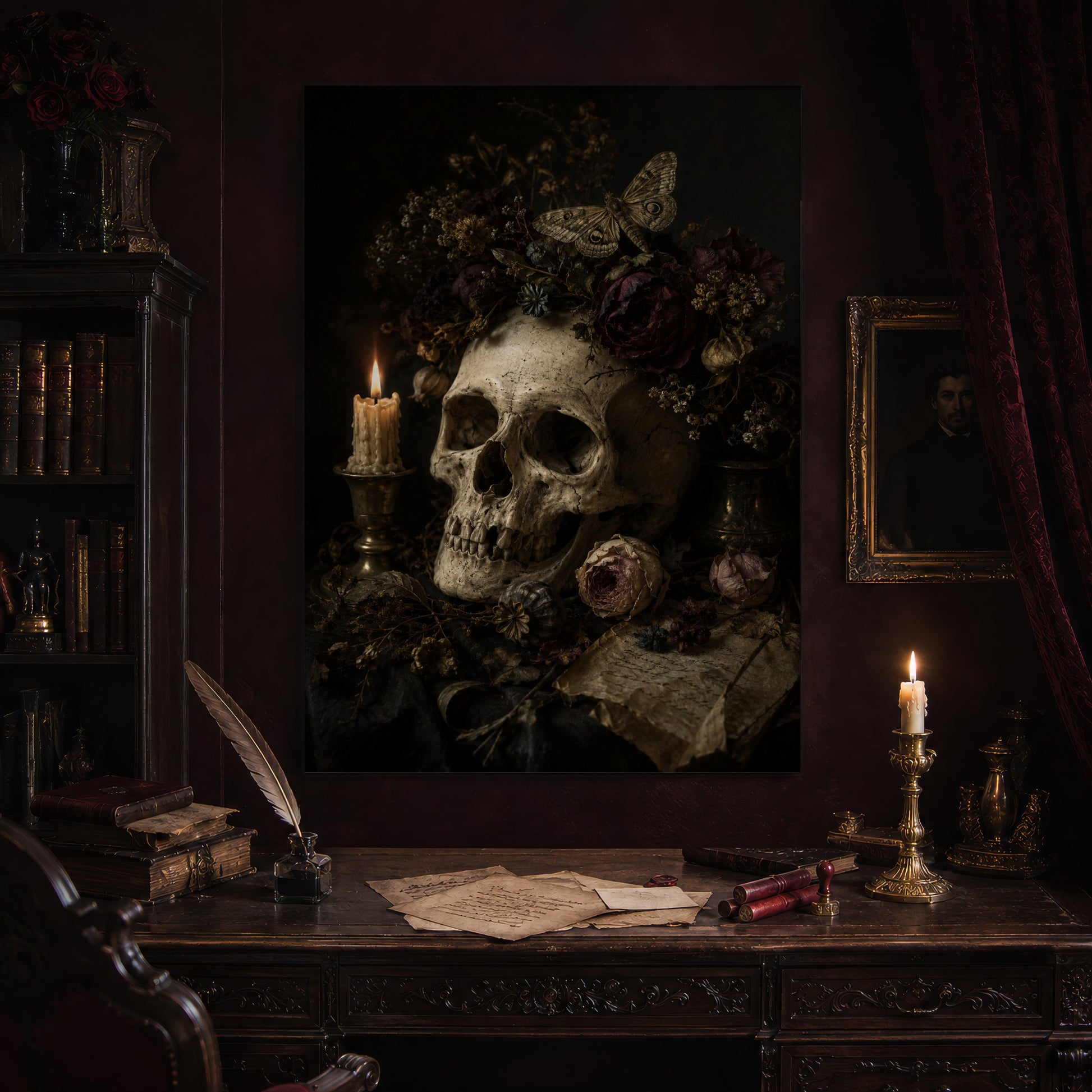 Requiem print hanging above an antique carved writing desk set with a quill in an inkwell, aged letters, red wax seals and a lit brass candlestick, beside a dark bookcase and a gilt-framed Victorian portrait.