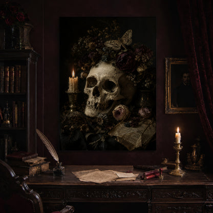 Requiem print hanging above an antique carved writing desk set with a quill in an inkwell, aged letters, red wax seals and a lit brass candlestick, beside a dark bookcase and a gilt-framed Victorian portrait.