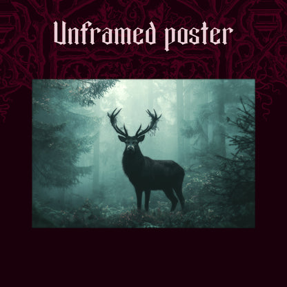 The Green Chapel shown as an unframed poster print of the misty teal forest and stag on a dark red patterned background, labelled Unframed Poster to show the print-only option.