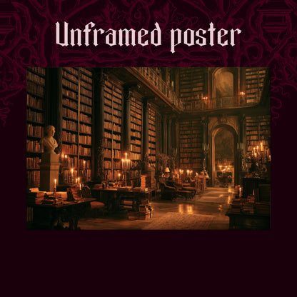 The Long Gallery shown as an unframed poster print of the candlelit library hall on a dark red patterned background, labelled Unframed Poster to show the print-only option.