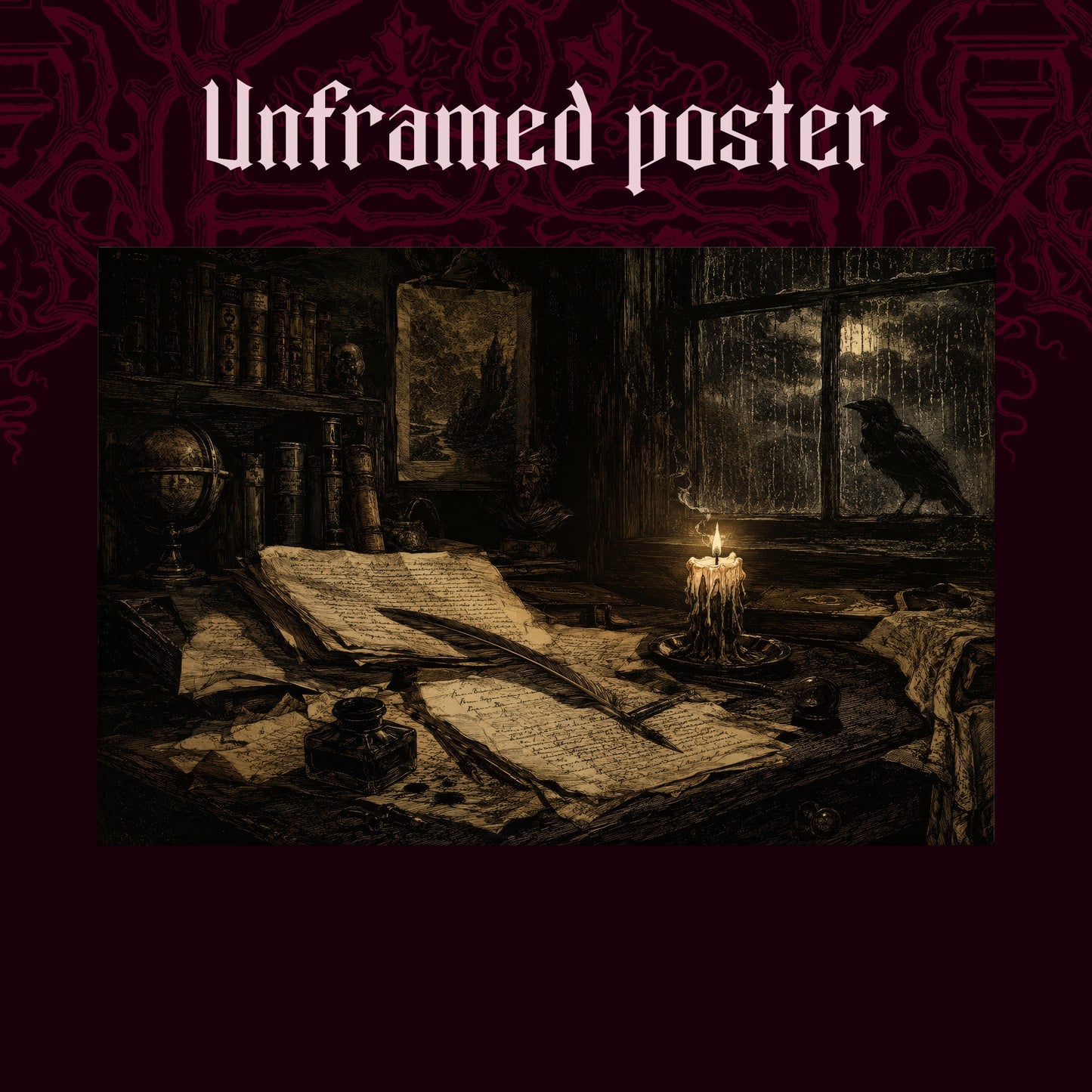 The Unfinished Letter shown as an unframed poster print of the desk and window scene on a dark red patterned background, labelled Unframed Poster to show the print-only option.