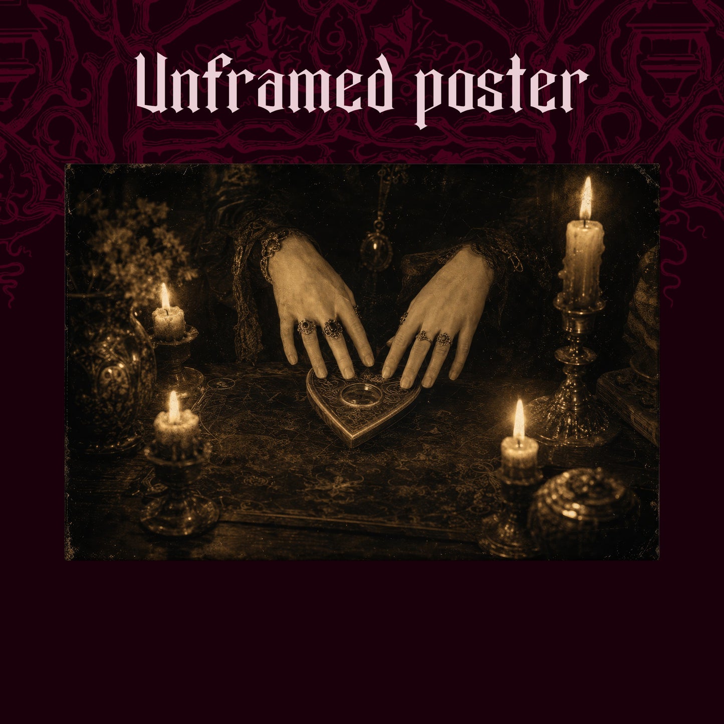 Midnight Communion shown as an unframed poster print of the candlelit ritual scene on a dark red patterned background, labelled Unframed Poster to show the print-only option.
