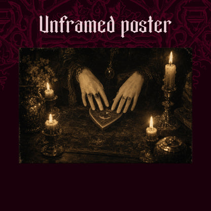 Midnight Communion shown as an unframed poster print of the candlelit ritual scene on a dark red patterned background, labelled Unframed Poster to show the print-only option.