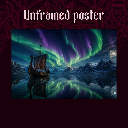  Drakkar shown as an unframed poster print of the longship and aurora on a dark red patterned background, labelled Unframed Poster to show the print-only option.
