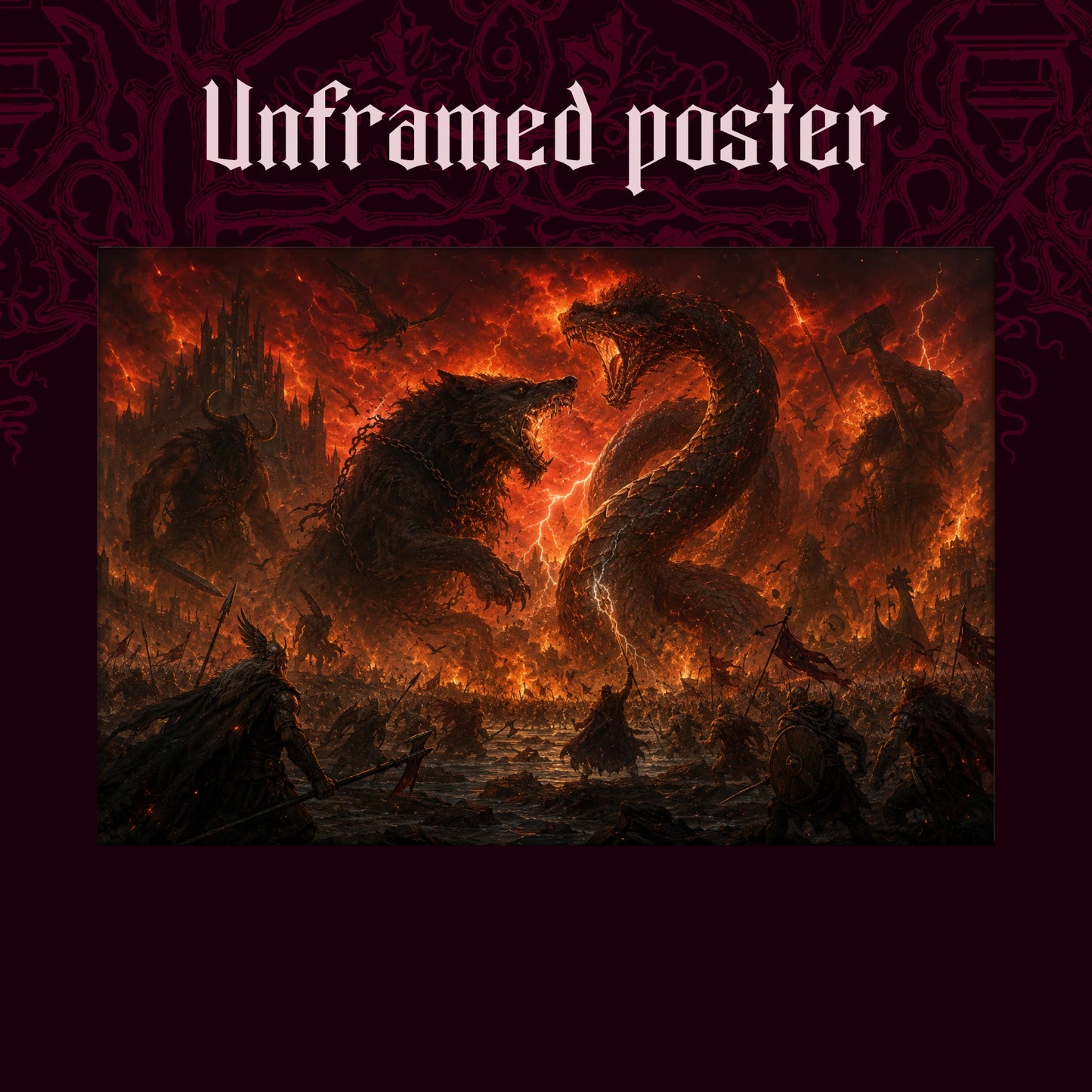 Twilight of the Gods shown as an unframed poster print of the burning battlefield on a dark red patterned background, labelled Unframed Poster to show the print-only option.