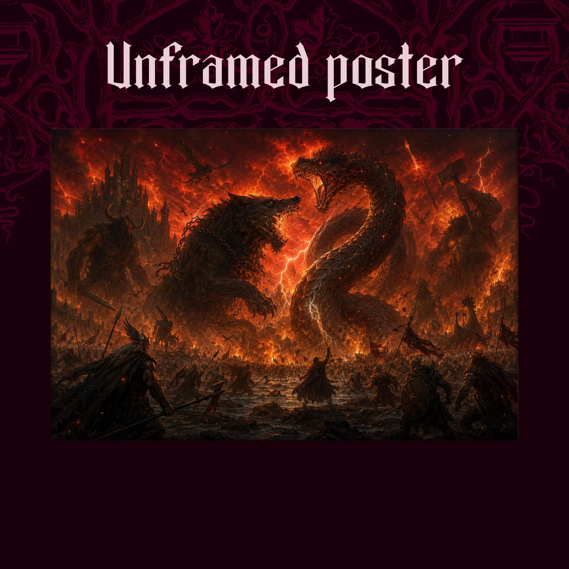 Twilight of the Gods shown as an unframed poster print of the burning battlefield on a dark red patterned background, labelled Unframed Poster to show the print-only option.