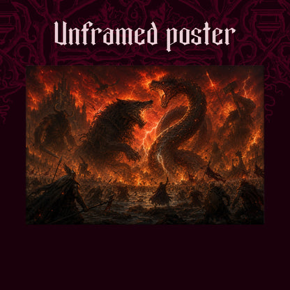 Twilight of the Gods shown as an unframed poster print of the burning battlefield on a dark red patterned background, labelled Unframed Poster to show the print-only option.