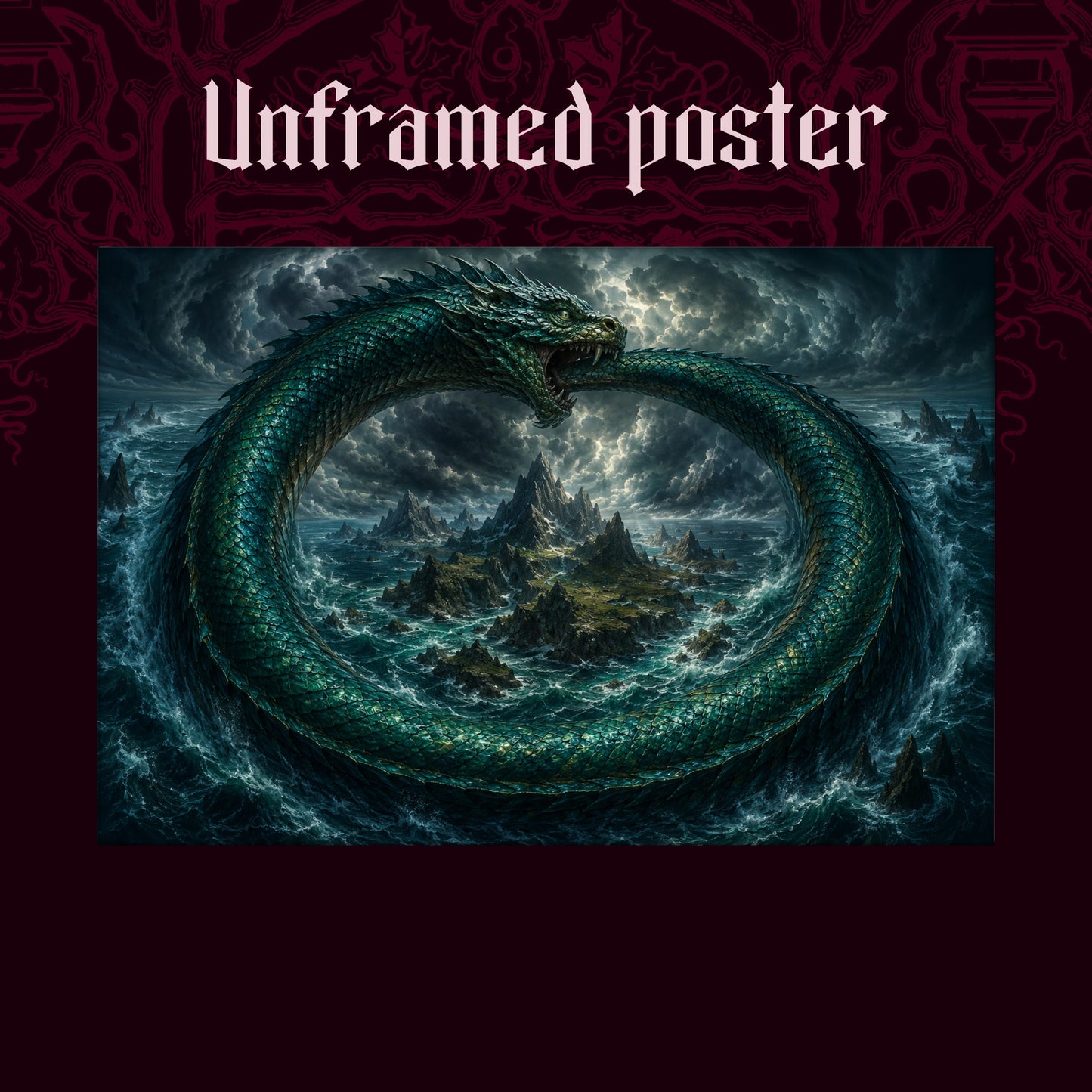 Jörmungandr shown as an unframed poster print of the serpent ring on a dark red patterned background, labelled Unframed Poster to show the print-only option.