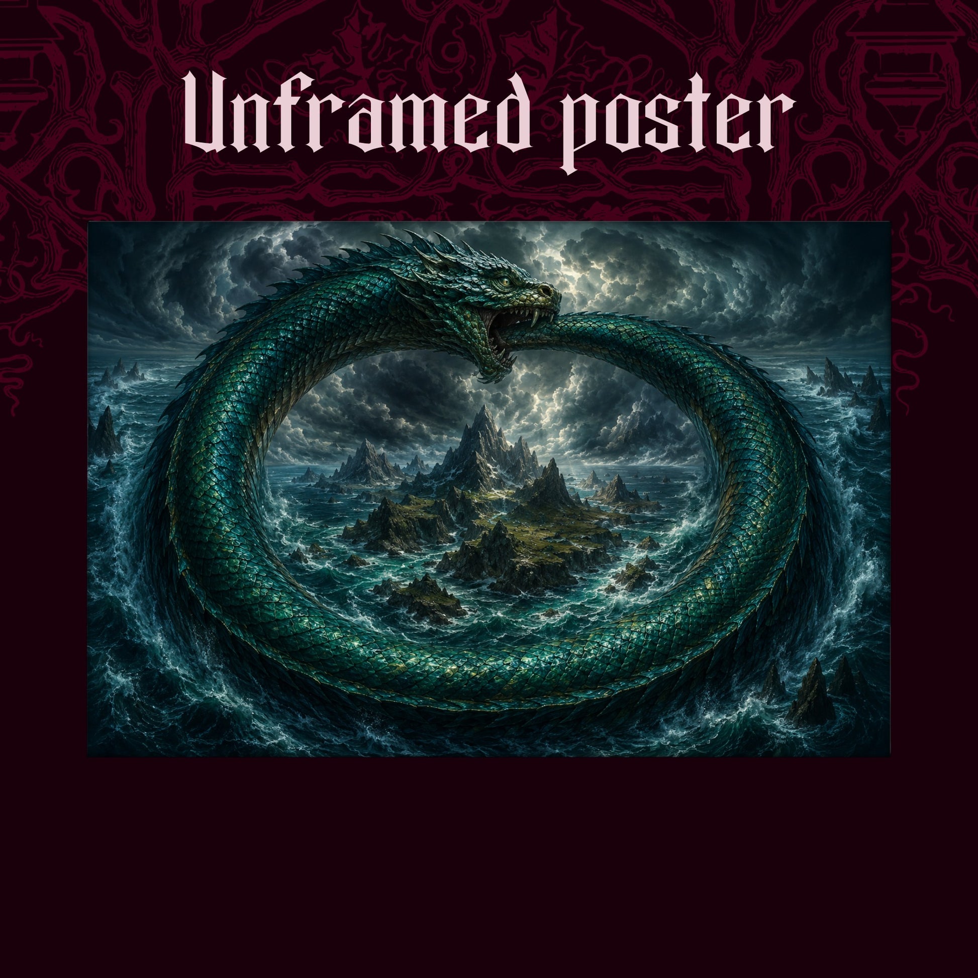 Jörmungandr shown as an unframed poster print of the serpent ring on a dark red patterned background, labelled Unframed Poster to show the print-only option.