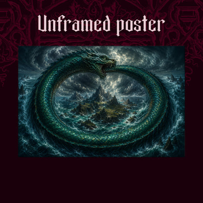 Jörmungandr shown as an unframed poster print of the serpent ring on a dark red patterned background, labelled Unframed Poster to show the print-only option.
