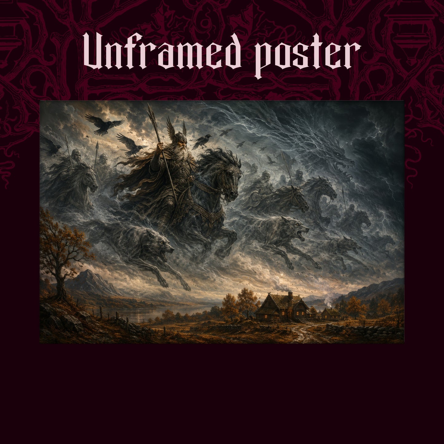 Oskoreia shown as an unframed poster print of the storm cavalcade and farmstead on a dark red patterned background, labelled Unframed Poster to show the print-only option.