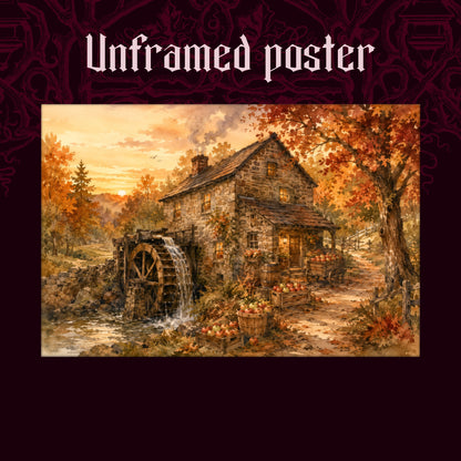 Millpond Gold shown as an unframed landscape poster print of the millhouse and apple harvest scene on a dark red patterned background, labeled Unframed Poster to show the print-only option.
