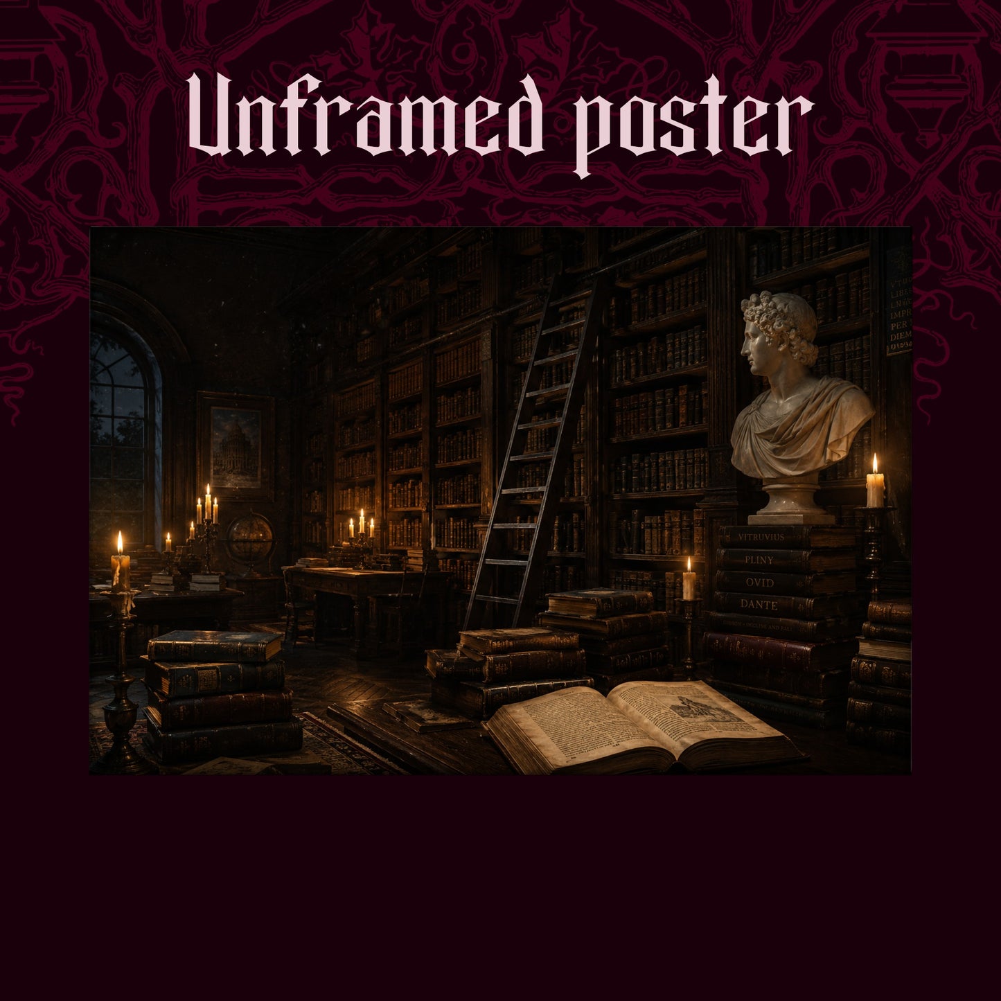 The Small Hours shown as an unframed poster print of the candlelit library corner on a dark red patterned background, labelled Unframed Poster to show the print-only option.