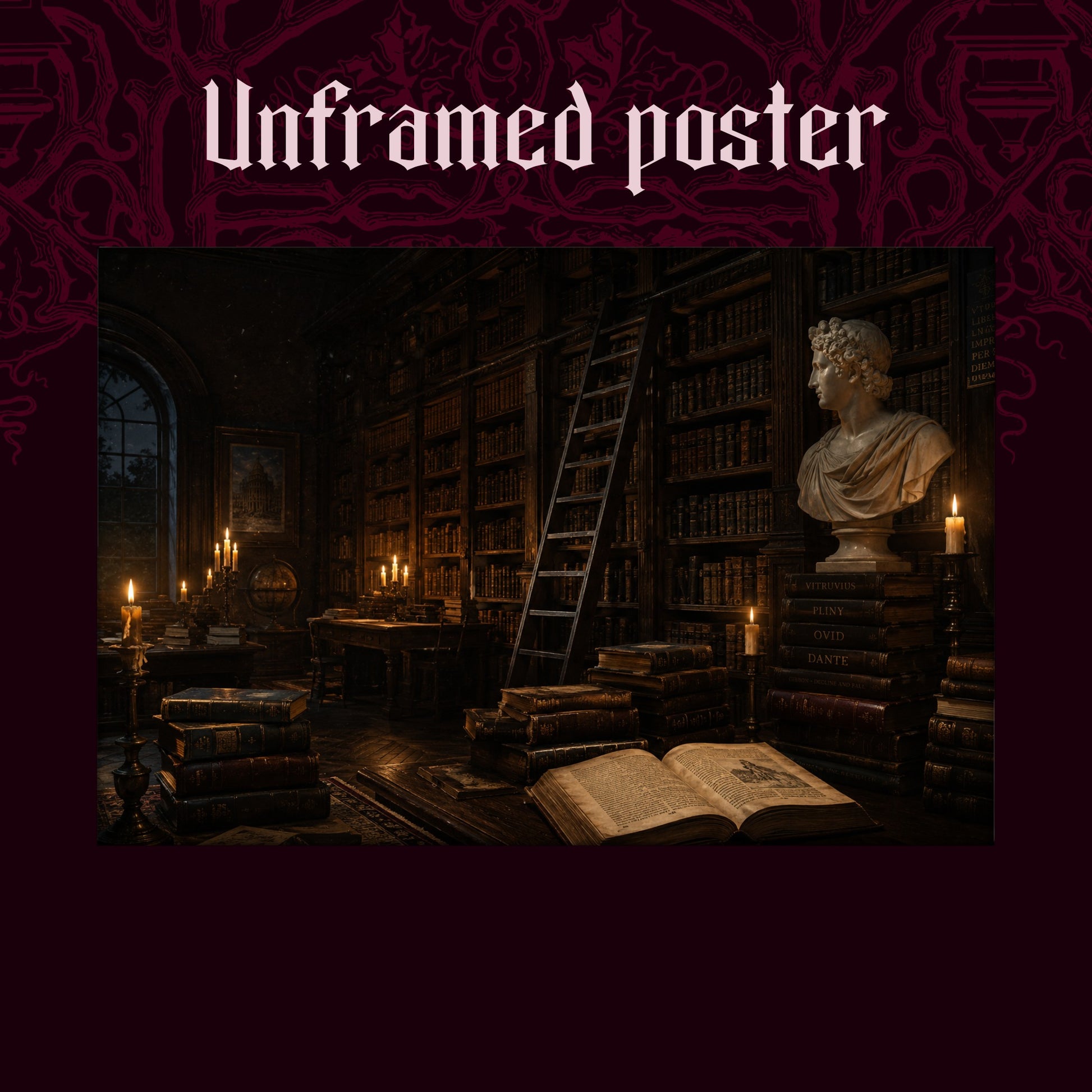 The Small Hours shown as an unframed poster print of the candlelit library corner on a dark red patterned background, labelled Unframed Poster to show the print-only option.