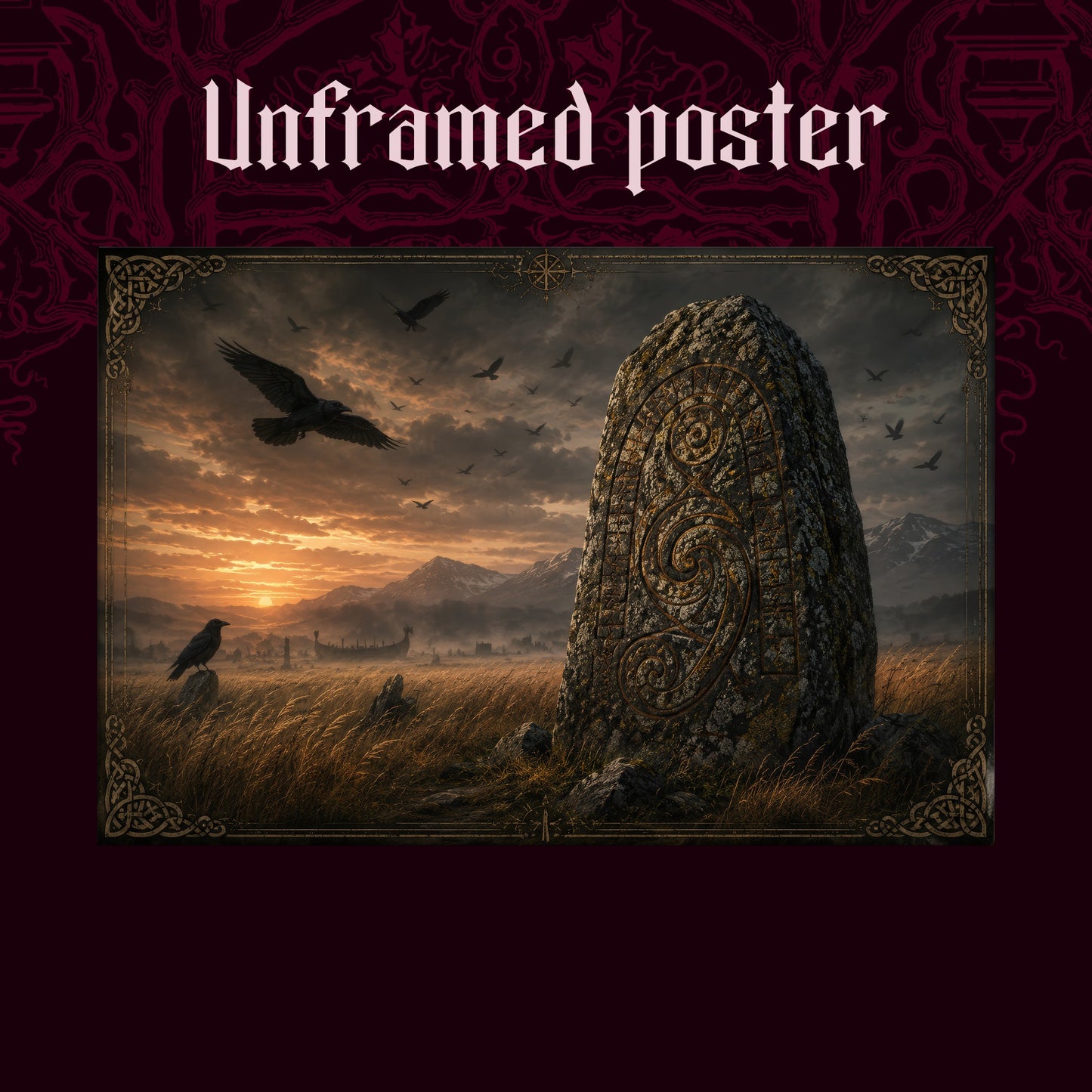 The Harvest Stone shown as an unframed poster print of the sunset wheat field and carved runestone on a dark red patterned background, labelled Unframed Poster to show the print-only option.