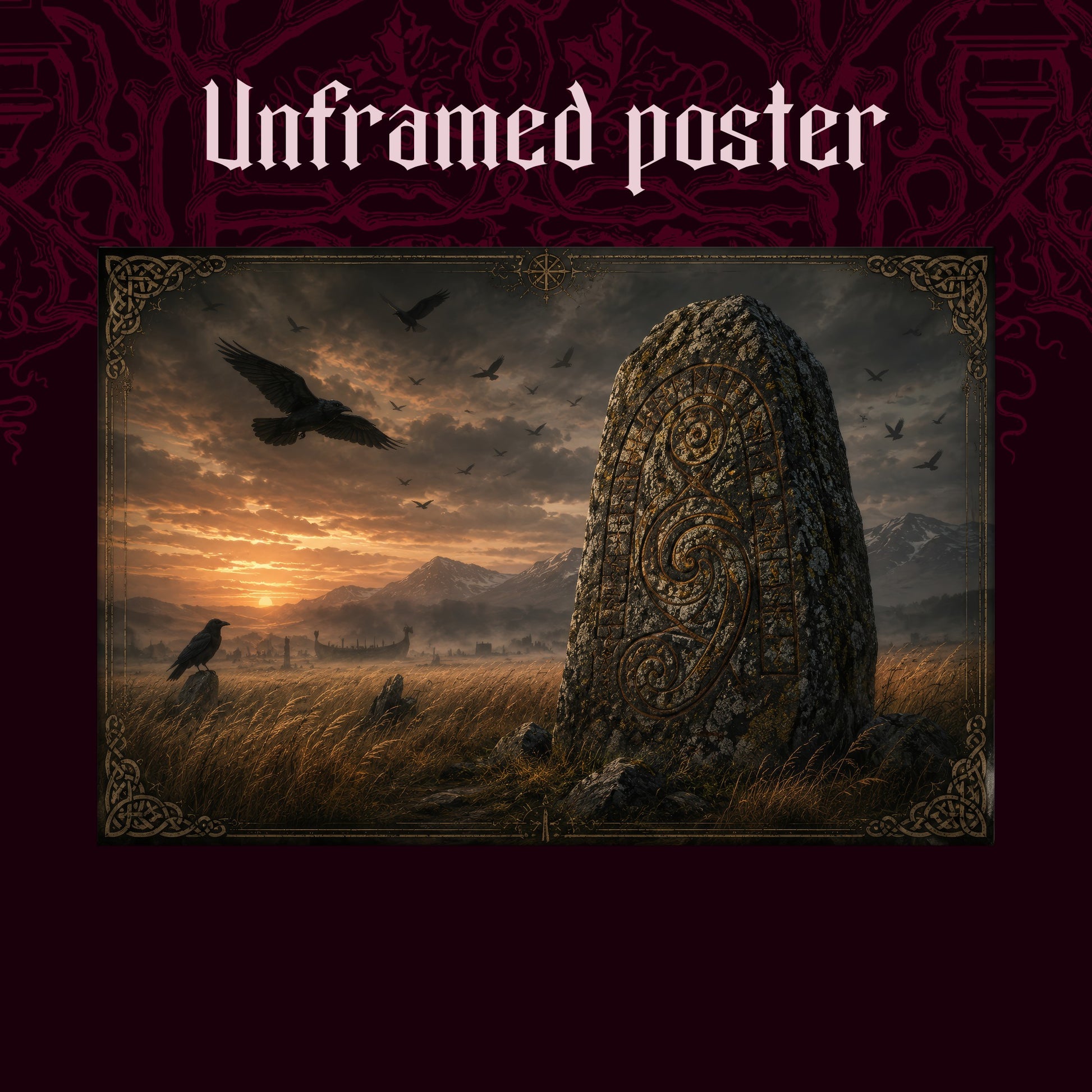 The Harvest Stone shown as an unframed poster print of the sunset wheat field and carved runestone on a dark red patterned background, labelled Unframed Poster to show the print-only option.
