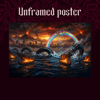Ragnarök shown as an unframed poster print of the burning fleet and shattering bridge on a dark red patterned background, labelled Unframed Poster to show the print-only option.