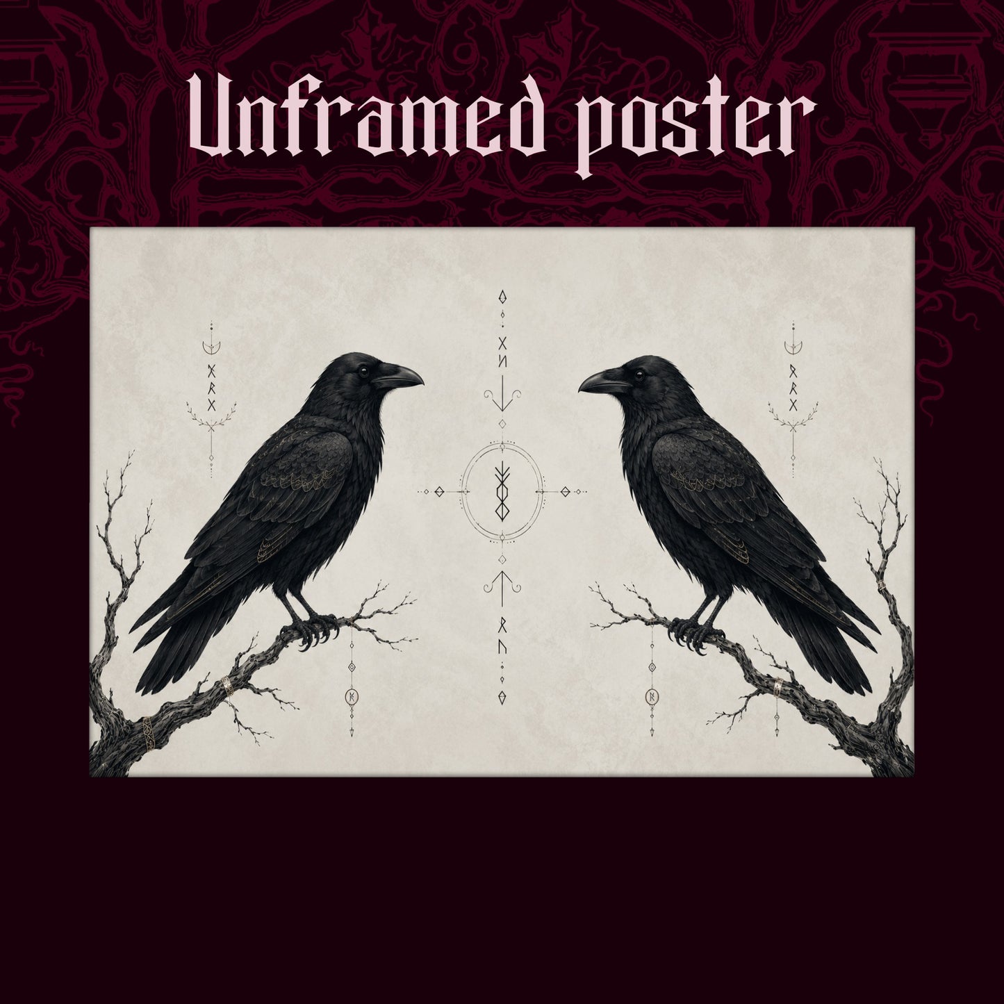 Huginn & Muninn shown as an unframed poster print of the two mirrored ravens on a dark red patterned background, labelled Unframed Poster to show the print-only option.