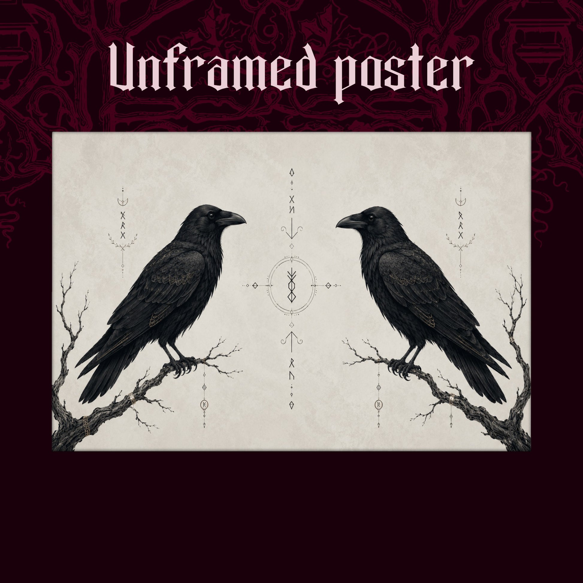 Huginn & Muninn shown as an unframed poster print of the two mirrored ravens on a dark red patterned background, labelled Unframed Poster to show the print-only option.