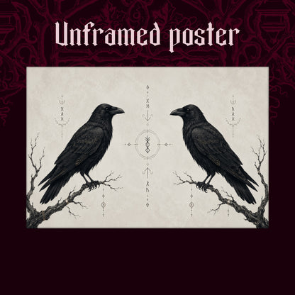 Huginn & Muninn shown as an unframed poster print of the two mirrored ravens on a dark red patterned background, labelled Unframed Poster to show the print-only option.
