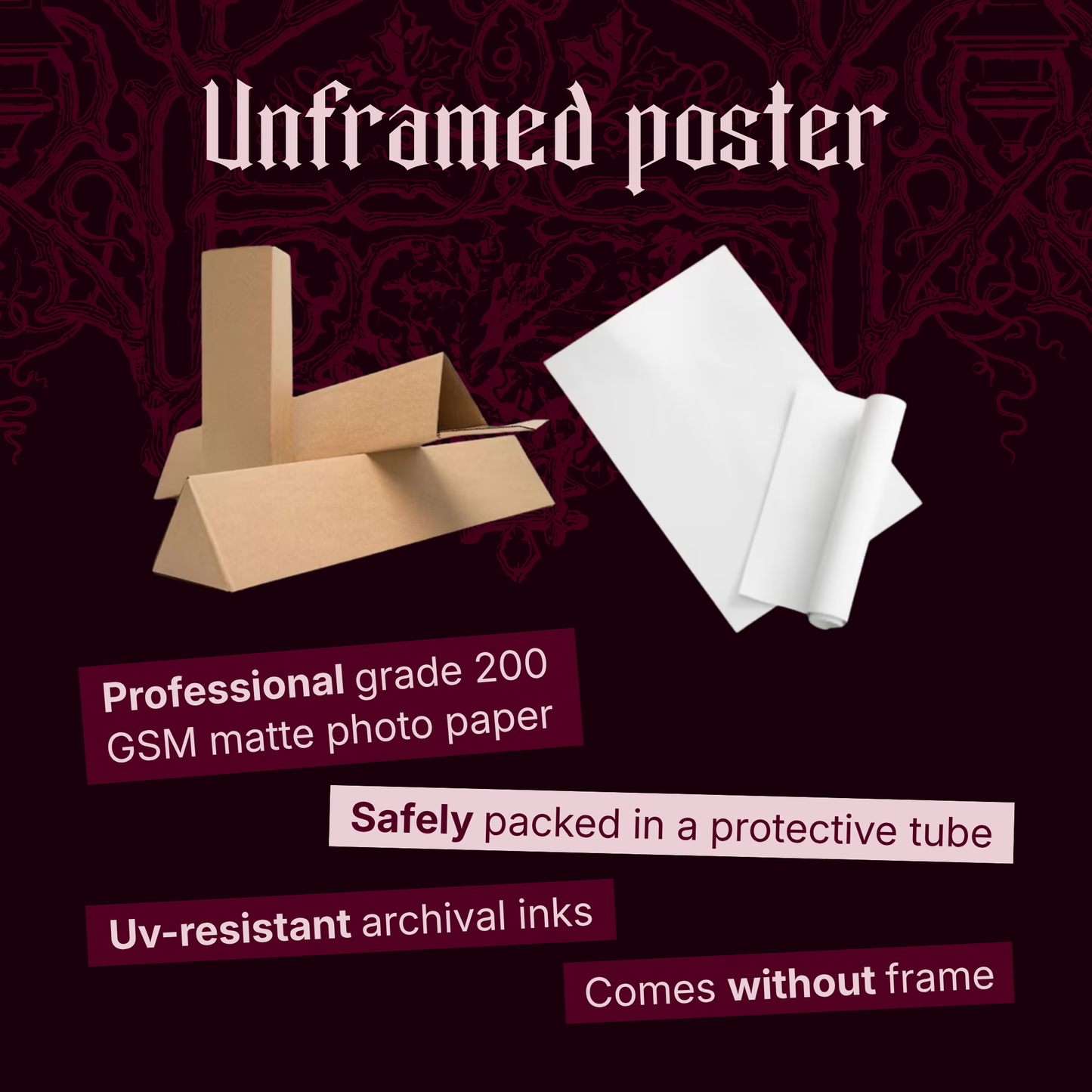 Unframed poster info card for Ravensward showing a kraft shipping tube beside a rolled poster sheet, with callouts for professional grade 200 GSM matte photo paper, safe packing in a protective tube, UV-resistant archival inks, and that the poster comes without a frame.
