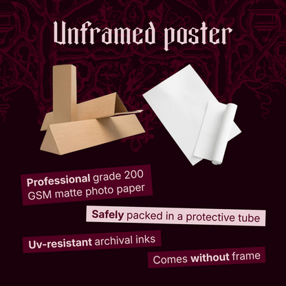 Unframed poster info card for Ravensward showing a kraft shipping tube beside a rolled poster sheet, with callouts for professional grade 200 GSM matte photo paper, safe packing in a protective tube, UV-resistant archival inks, and that the poster comes without a frame.
