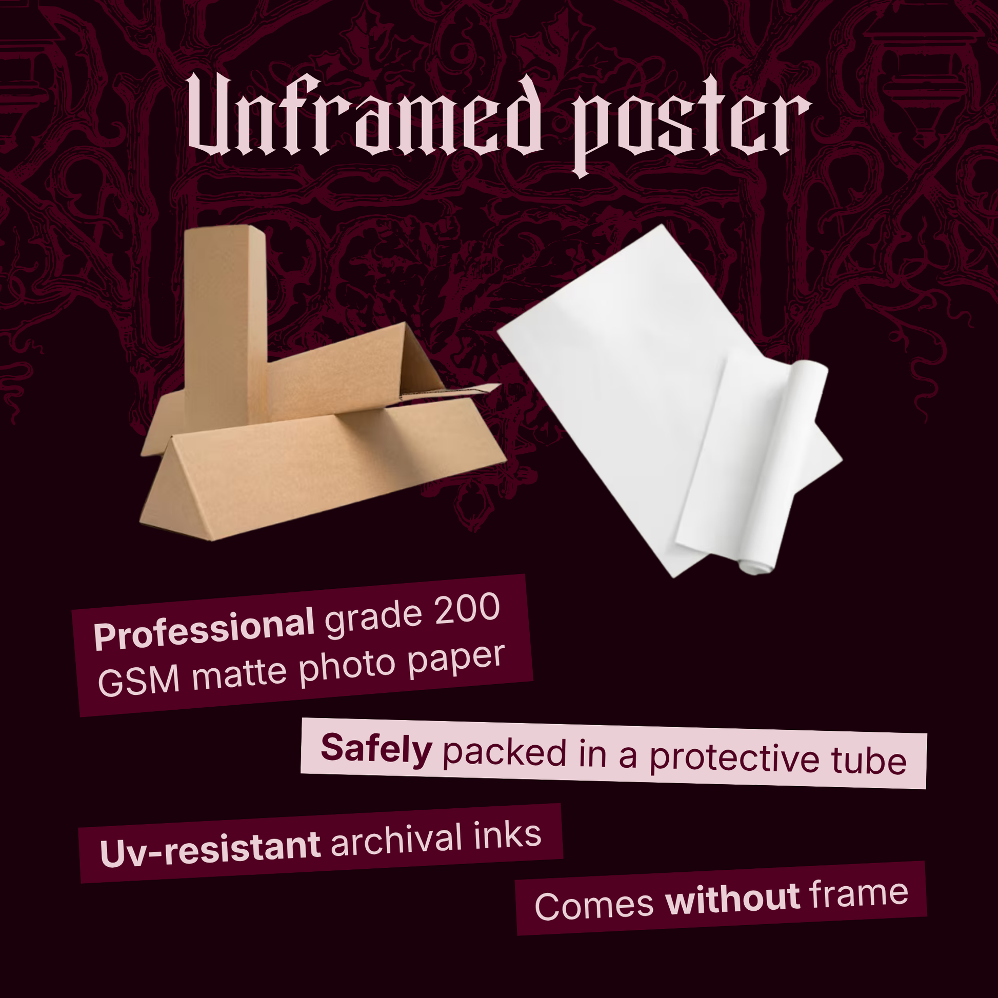 Unframed poster info card for Compline showing a kraft shipping tube beside a rolled poster sheet, with callouts for professional grade 200 GSM matte photo paper, safe packing in a protective tube, UV-resistant archival inks, and that the poster comes without a frame.