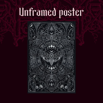 Vanitas shown as an unframed poster print of the silver death moth mandala on a dark red patterned background, labelled Unframed Poster to show the print-only option.