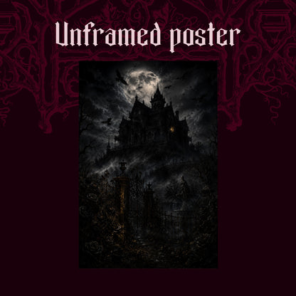 Ravensward shown as an unframed poster print of the moonlit gothic manor and its iron gates on a dark red patterned background, labelled Unframed Poster to show the print-only option.