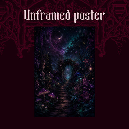 The Midnight Garden shown as an unframed poster print of the glowing garden path and archway on a dark red patterned background, labelled Unframed Poster to show the print-only option.