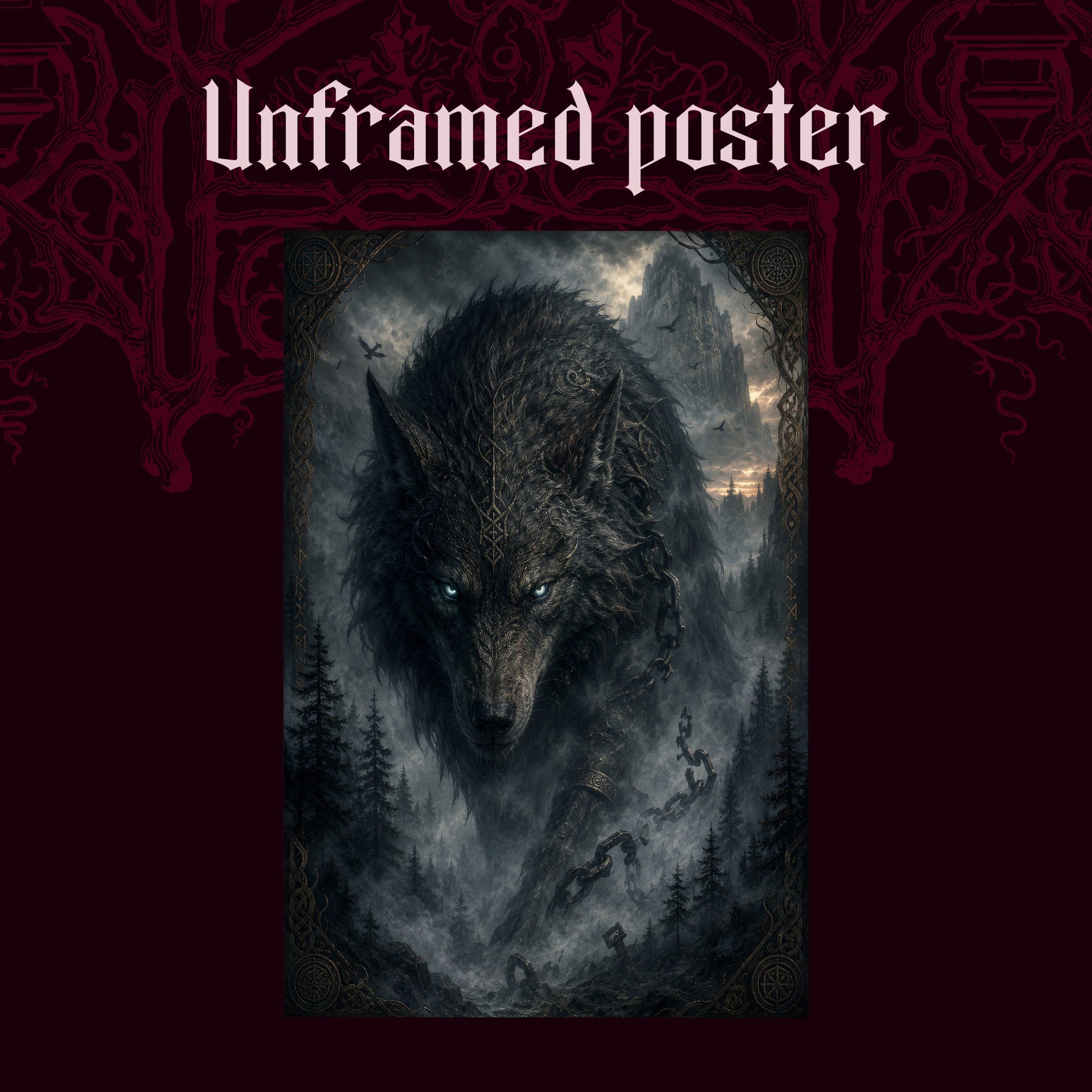 Vanagandr shown as an unframed poster print of the wolf head portrait on a dark red patterned background, labelled Unframed Poster to show the print-only option.