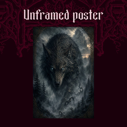 Vanagandr shown as an unframed poster print of the wolf head portrait on a dark red patterned background, labelled Unframed Poster to show the print-only option.