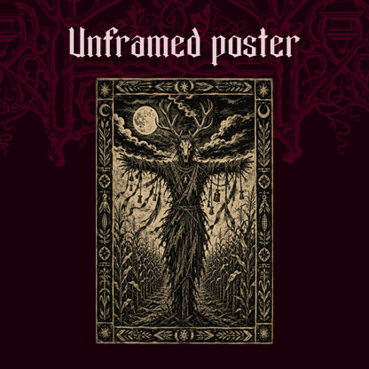 The Corn Sentinel shown as an unframed poster print of the antlered effigy in the cornfield on a dark red patterned background, labelled Unframed Poster to show the print-only option.