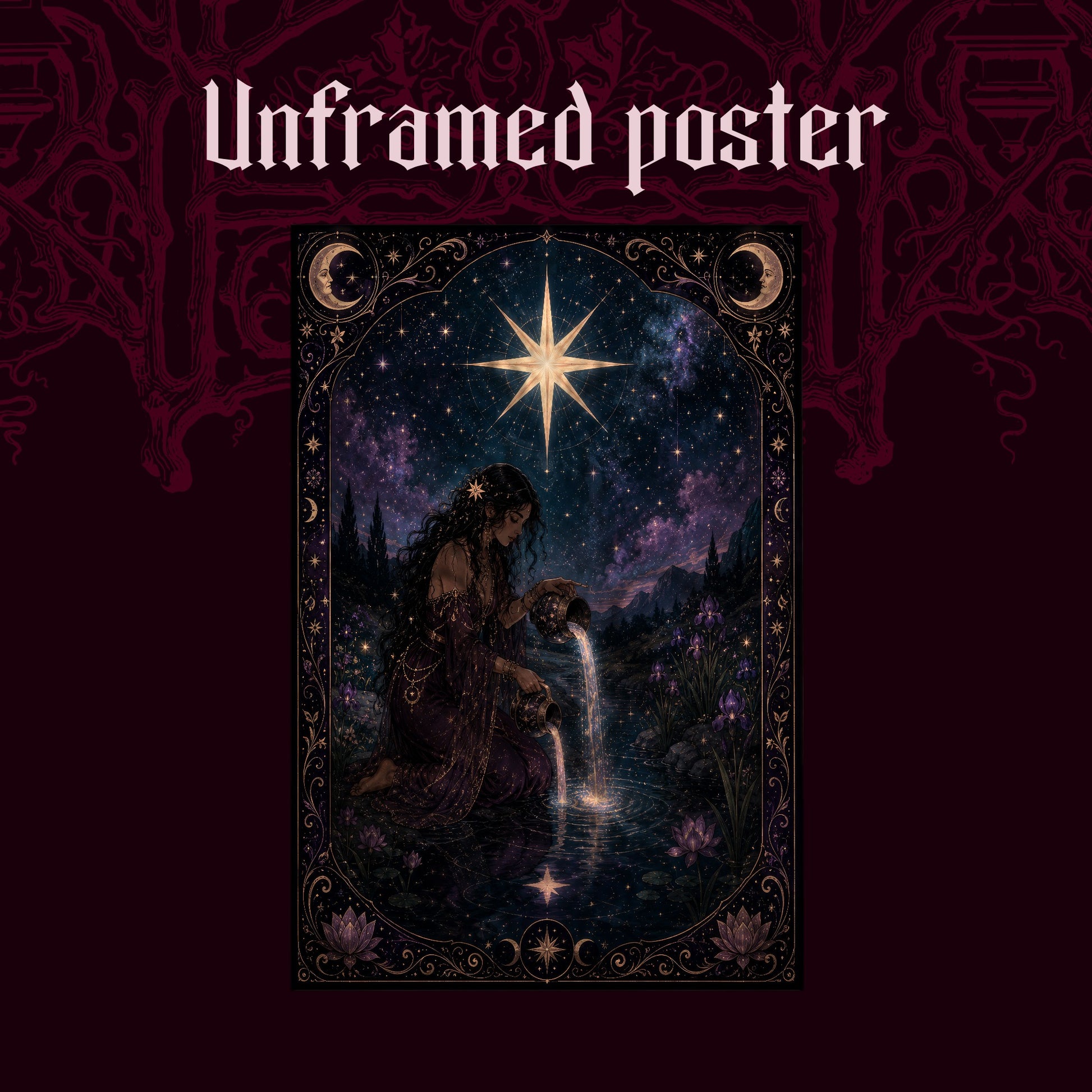 Nocturne Tarot: The Star shown as an unframed poster print of the bordered starlight tarot scene on a dark red patterned background, labelled Unframed Poster to show the print-only option.