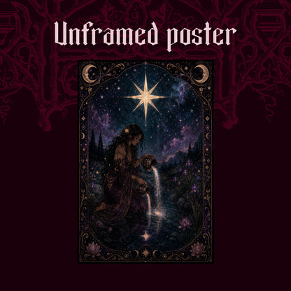 Nocturne Tarot: The Star shown as an unframed poster print of the bordered starlight tarot scene on a dark red patterned background, labelled Unframed Poster to show the print-only option.