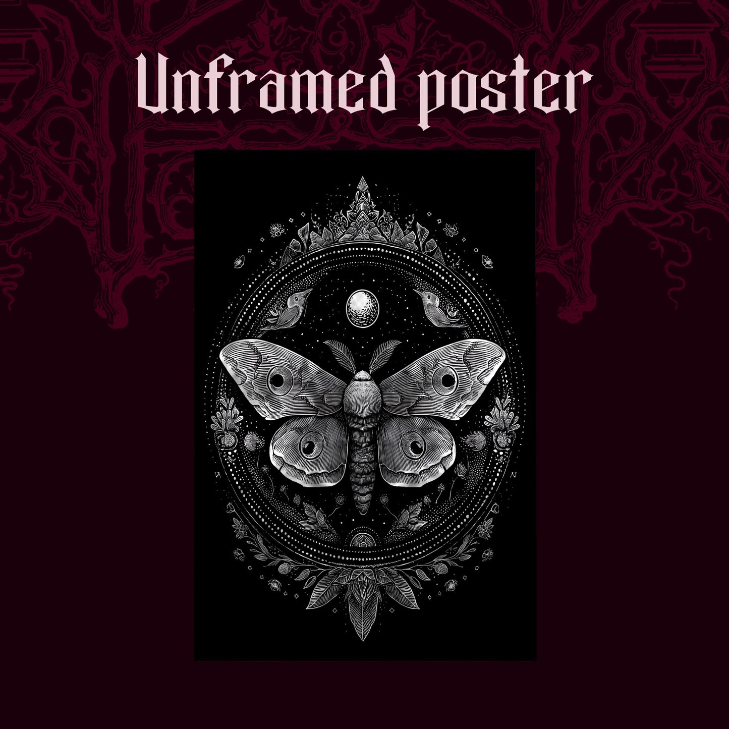 Vespers shown as an unframed poster print of the white moth mandala on a dark red patterned background, labelled Unframed Poster to show the print-only option.