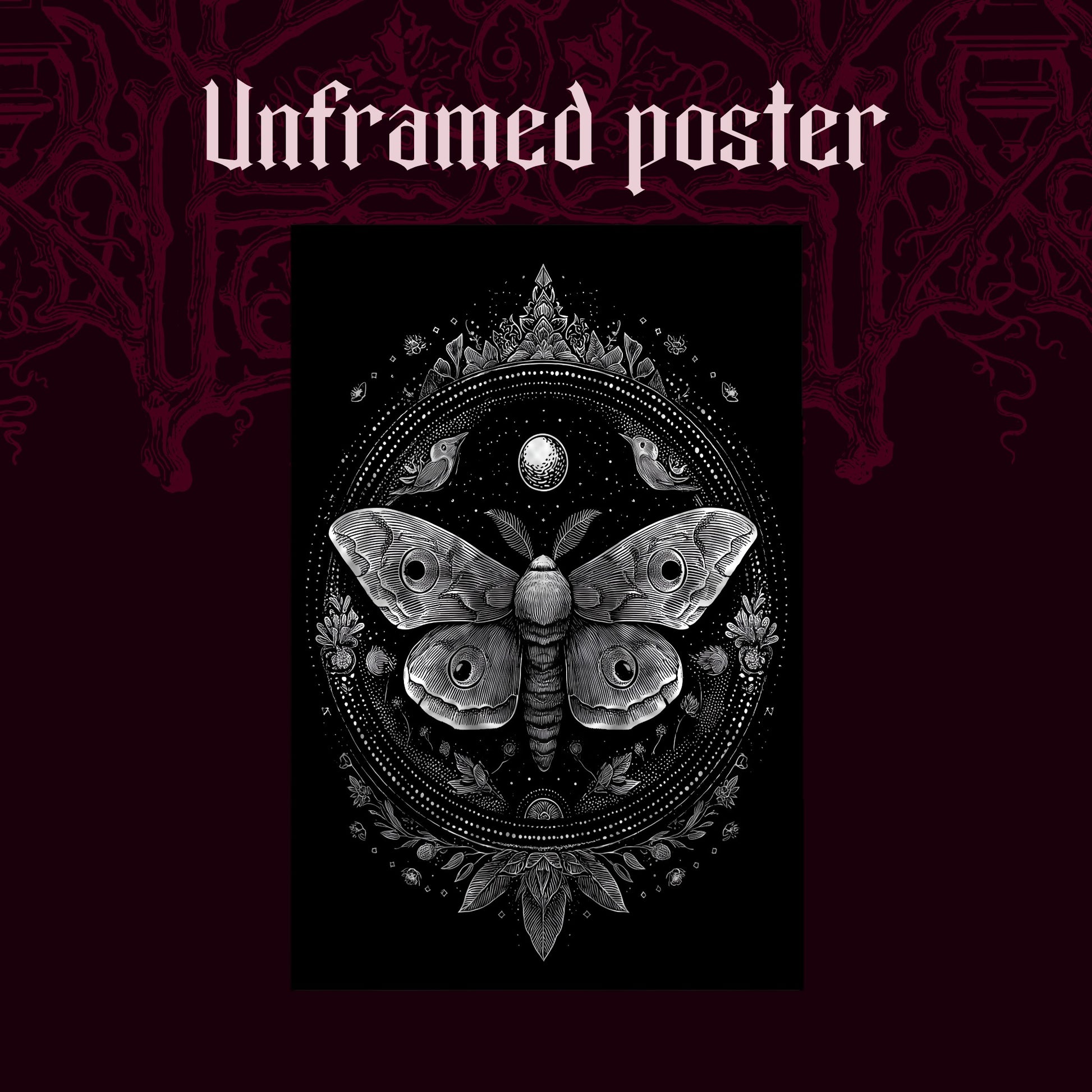 Vespers shown as an unframed poster print of the white moth mandala on a dark red patterned background, labelled Unframed Poster to show the print-only option.