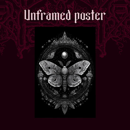 Vespers shown as an unframed poster print of the white moth mandala on a dark red patterned background, labelled Unframed Poster to show the print-only option.